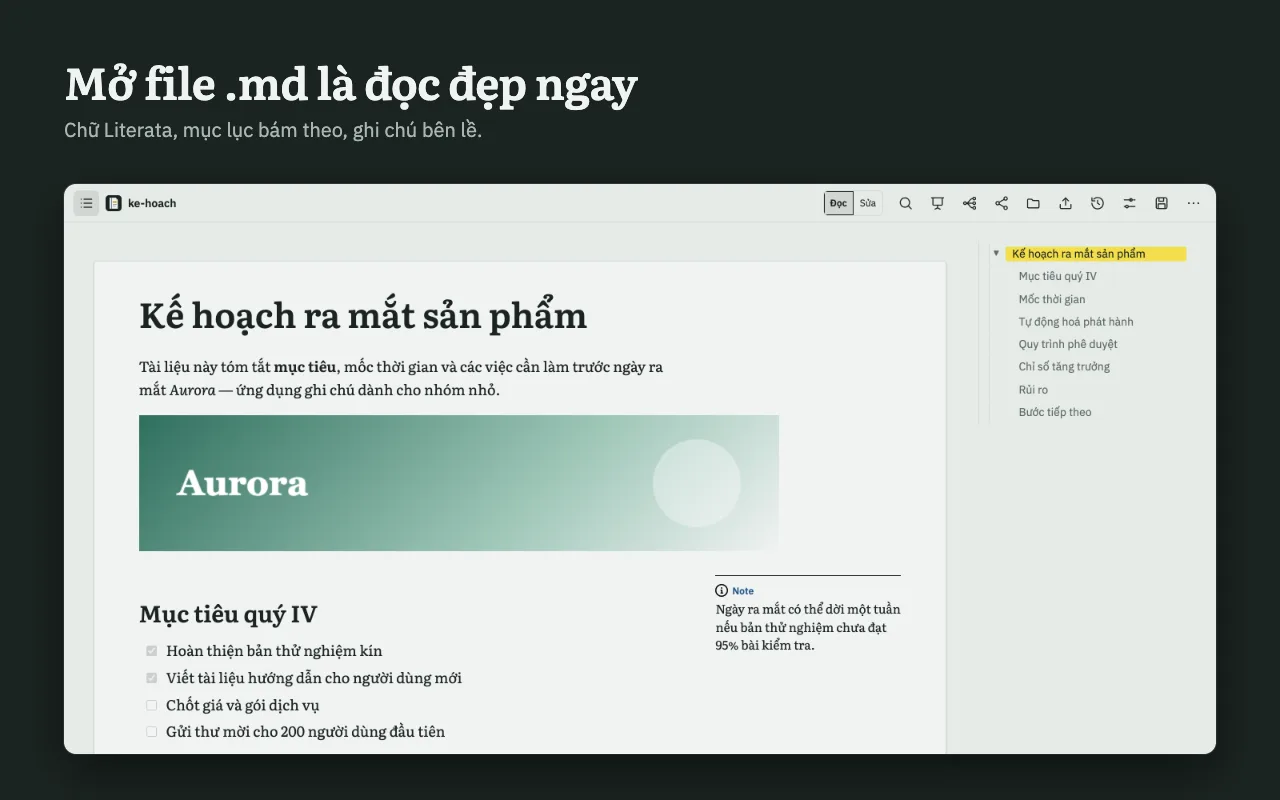MD Reader hiển thị tài liệu Markdown với mục lục bên phải và ghi chú bên lề / Markdown document with ToC and margin note