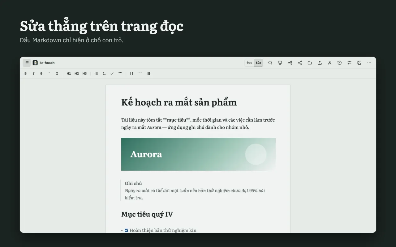 Chế độ Sửa với live preview / Edit mode with live preview