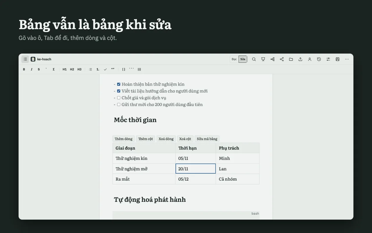 Bảng giữ dạng lưới khi sửa / Table stays a grid while editing